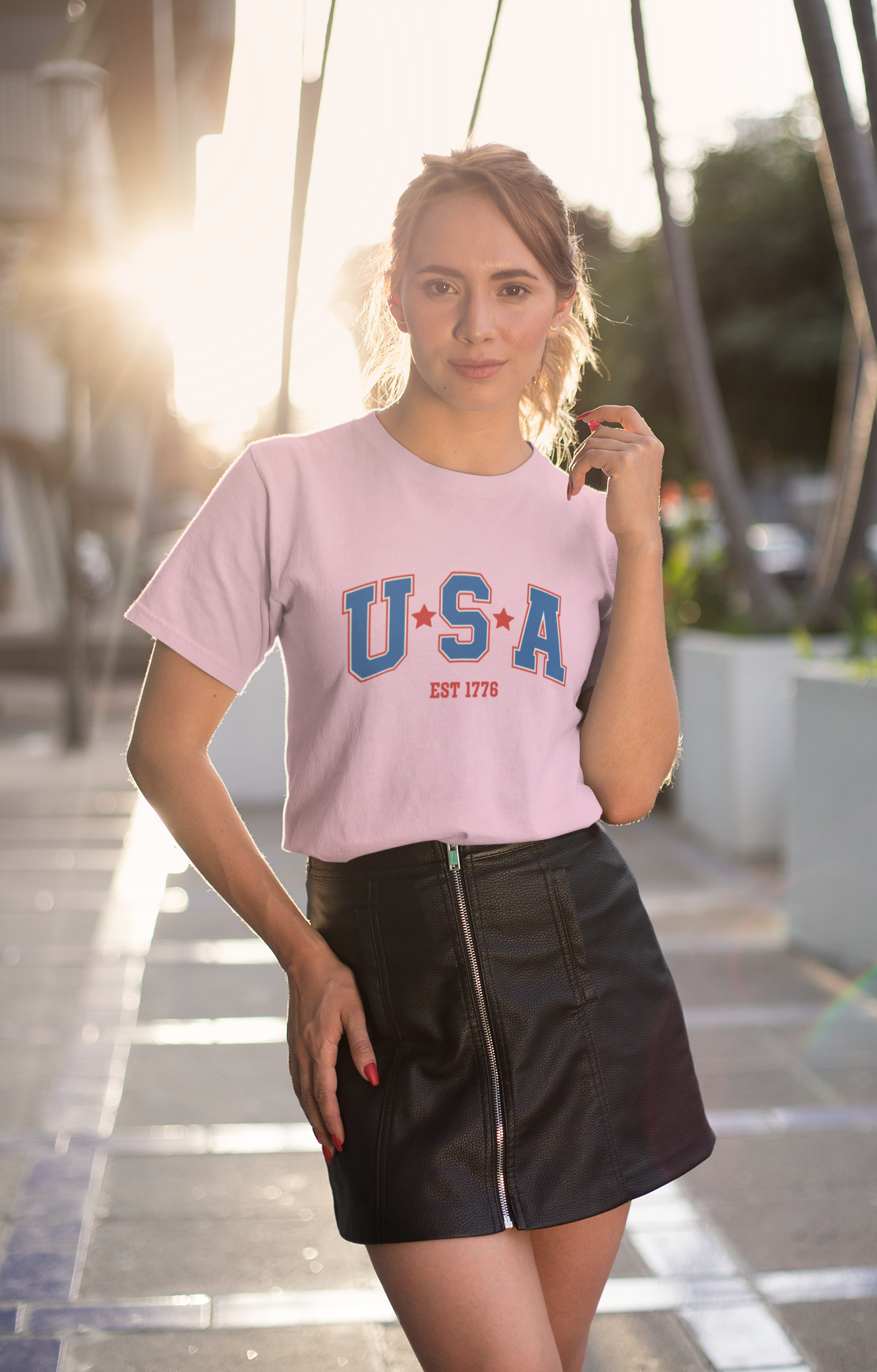 Дамска тениска USA — розова, 100% памук | SatModa
