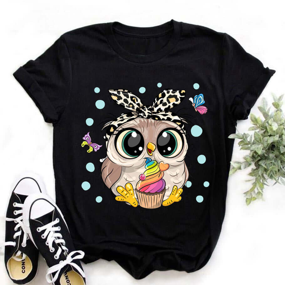 Дамска тениска Sweet Owl черна — свободна кройка | SatModa
