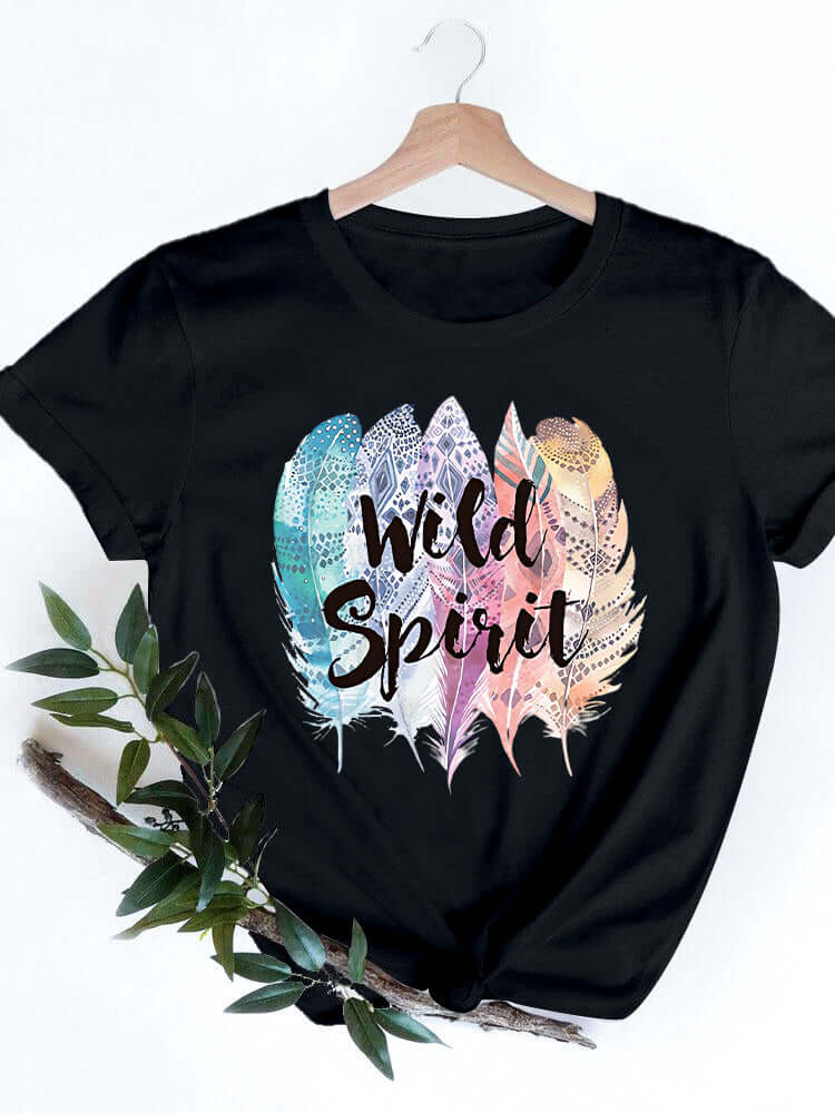 Дамска тениска Wild Spirit черна — свободна кройка | SatModa