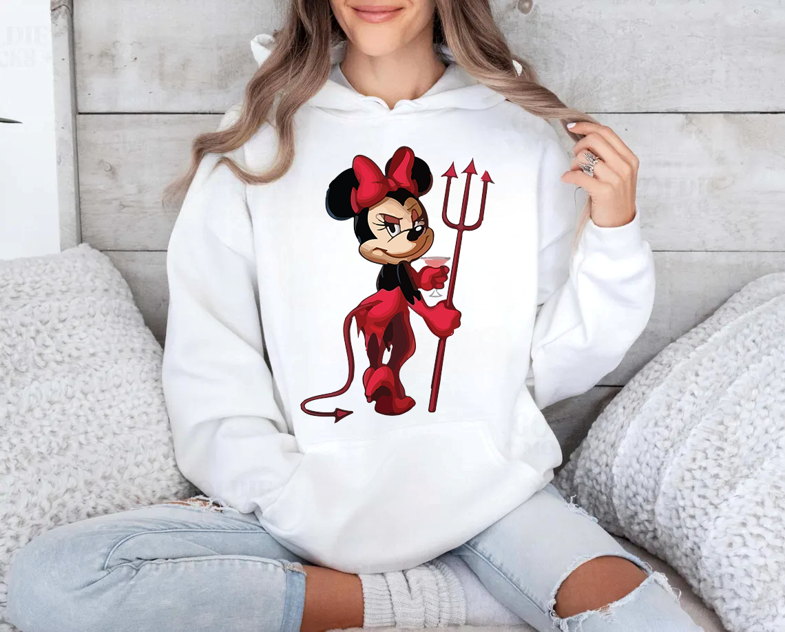 Дамски суичър Minnie the Devil — бяло, 100% памук, качулка | SatModa