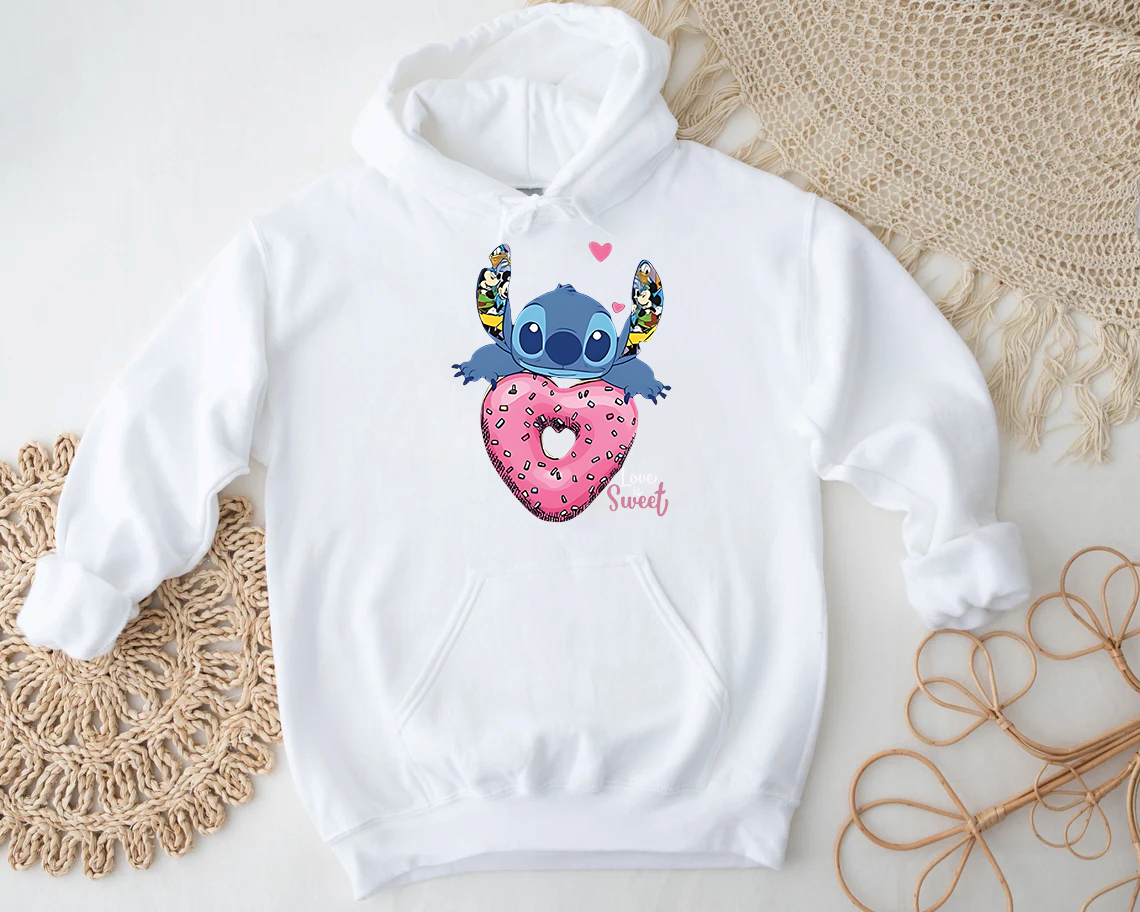 Дамски суичър Stitch Love is Sweet — бяло, 100% памук, качулка | SatModa