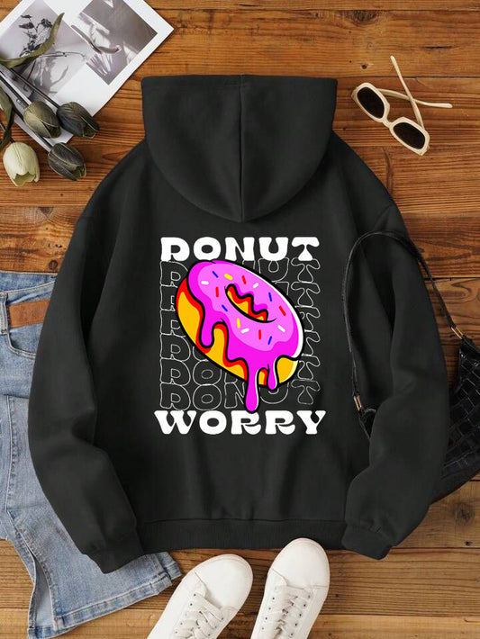 Дамски суичър Donut в черно с поничка с розова глазура и надпис DONUT WORRY на гърба | SatModa