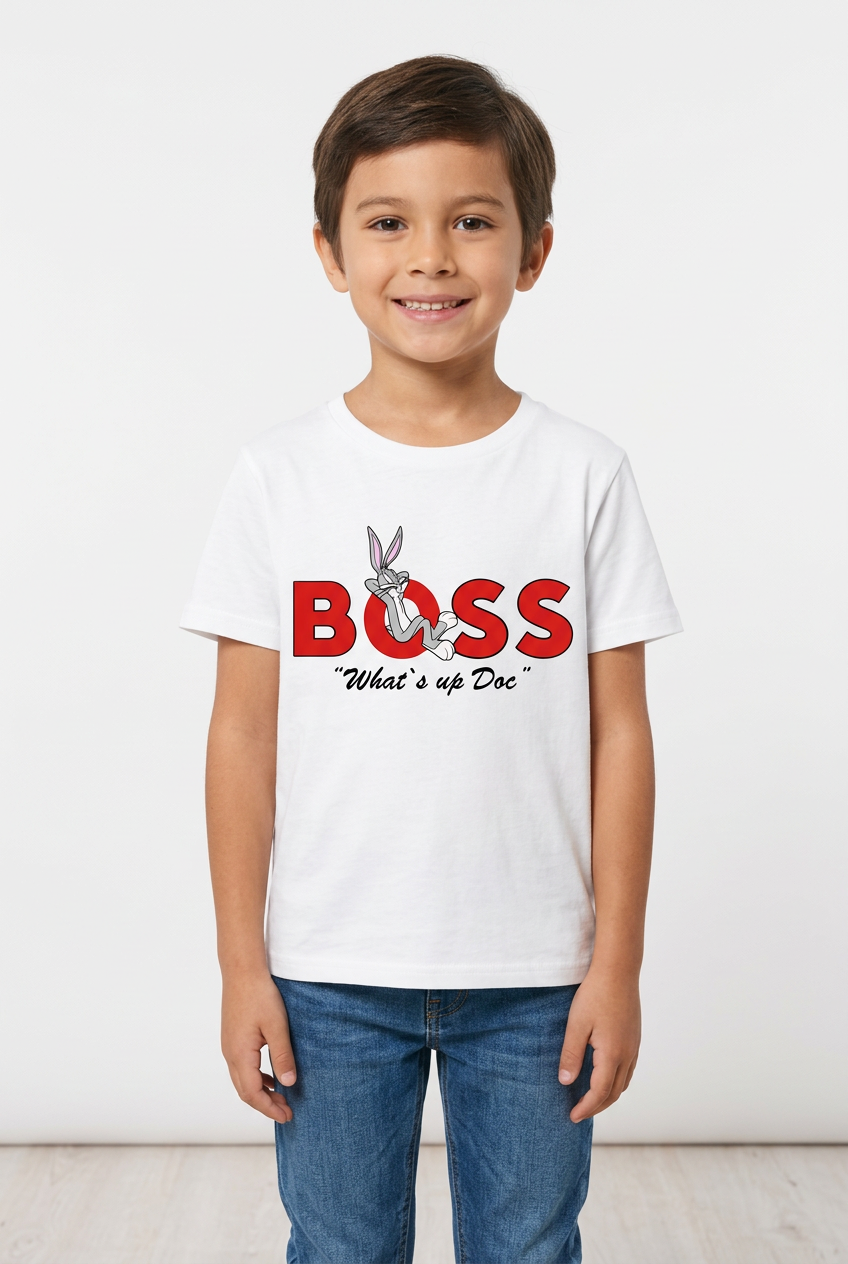 Бяла детска тениска с червен надпис BOSS и Бъгс Бъни отпред, показана на дете | SatModa