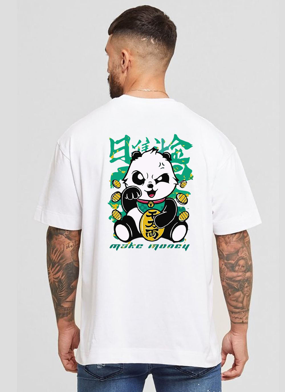 Мъжка тениска Oversize Panda — бяло, 100% памук, oversize кройка | SatModa