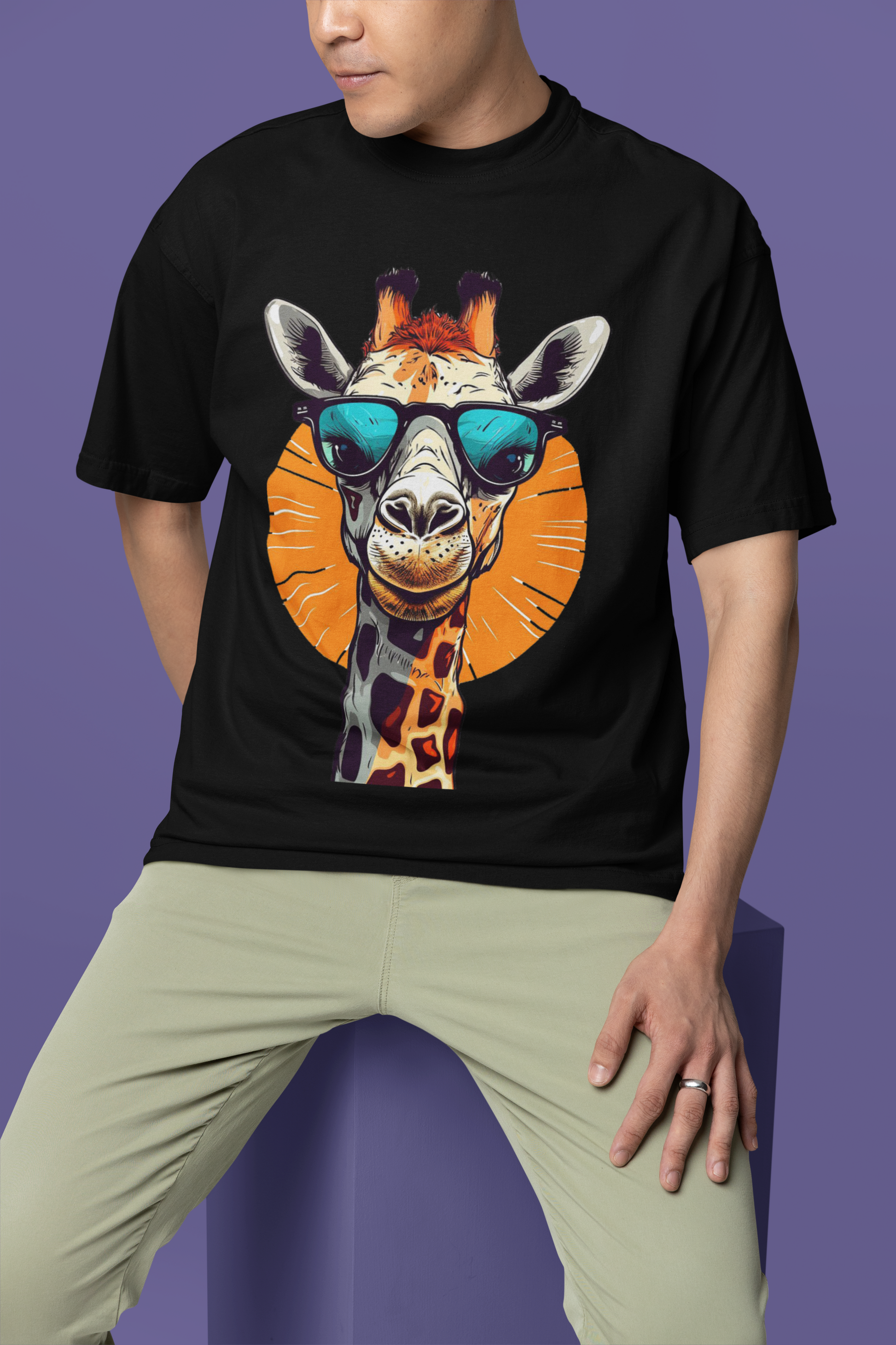 Мъжка тениска Oversize Giraffe - Черна