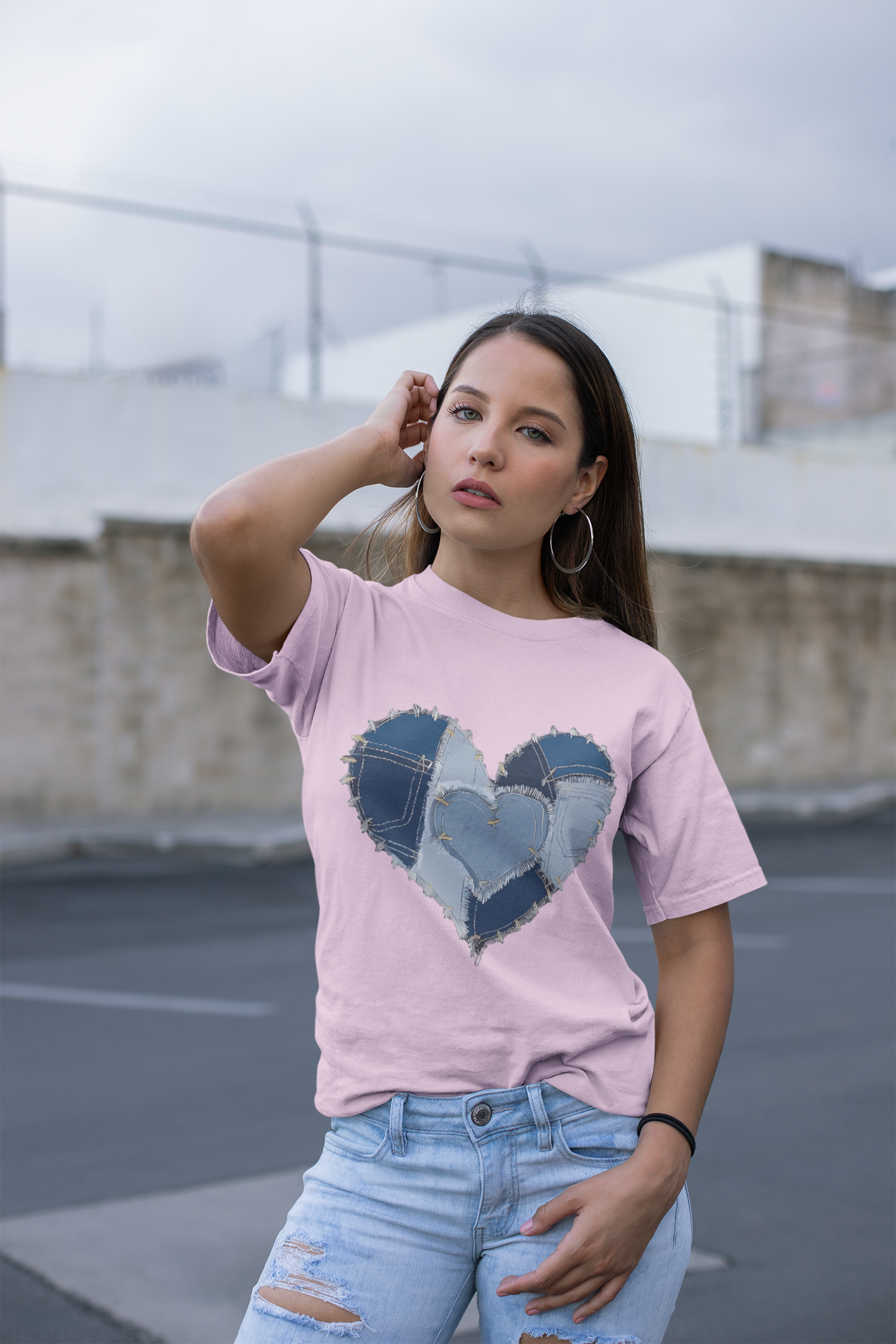 Дамска тениска Denim Heart — розова, 100% памук | SatModa
