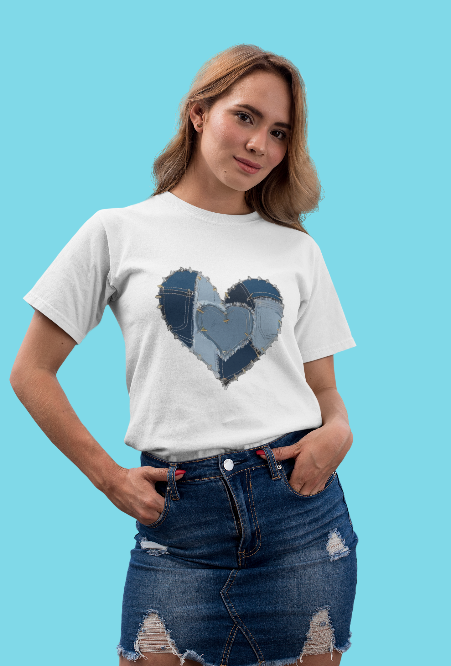 Дамска тениска Denim Heart — бяла, 100% памук | SatModa
