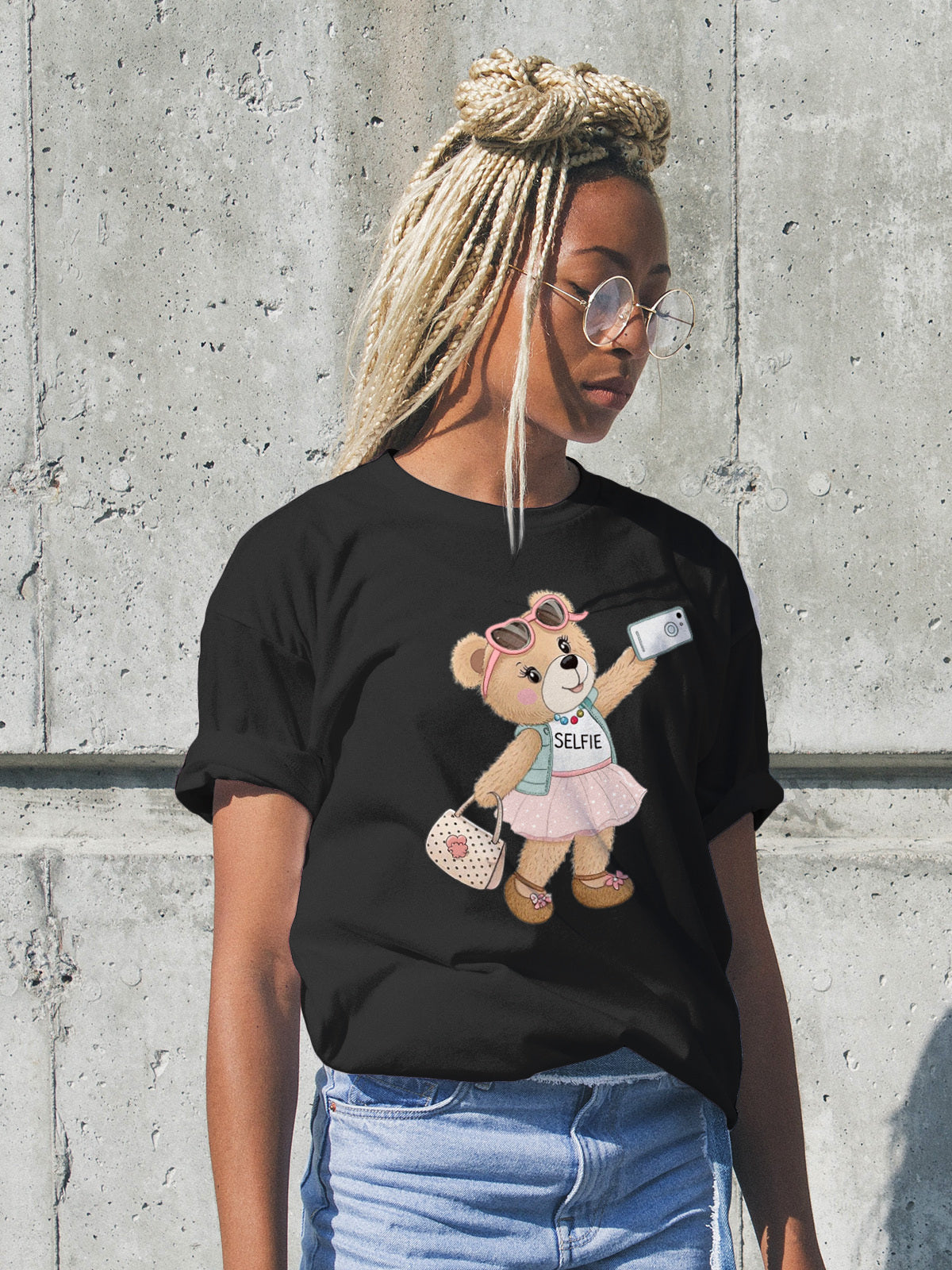 Дамска тениска Happy Bear — черна, 100% памук | SatModa

