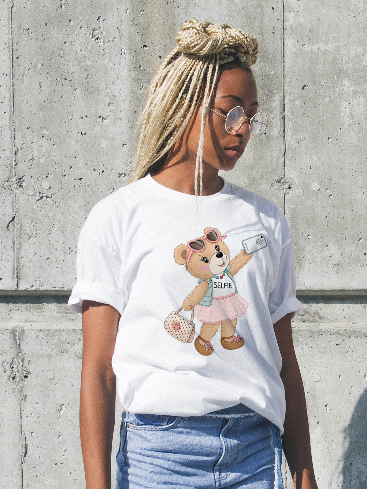 Дамска тениска Happy Bear — бяла, 100% памук | SatModa
