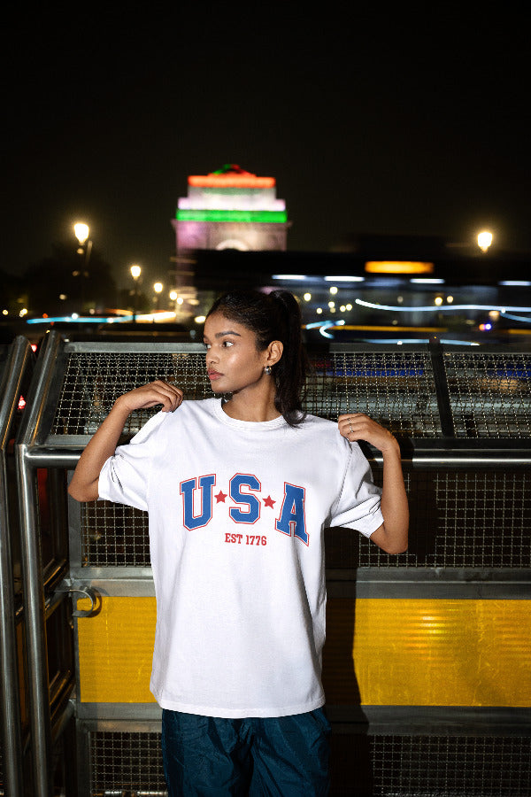 Дамска тениска Oversize USA бял — 100% памук, размери XS-XXL | SatModa" 