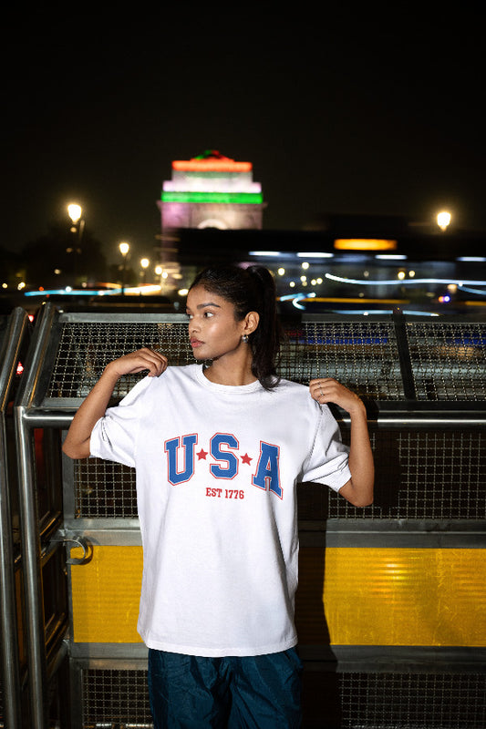 Дамска тениска Oversize USA бял — 100% памук, размери XS-XXL | SatModa" 