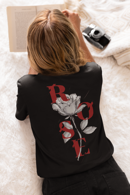 Дамска тениска Red Rose черна — 100% памук, размери XS-XXL | SatModa