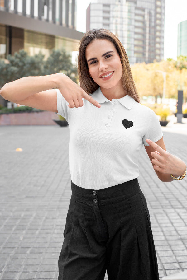 Дамска тениска с яка Heart бяла — 100% памук, размери XS-XXL | SatModa