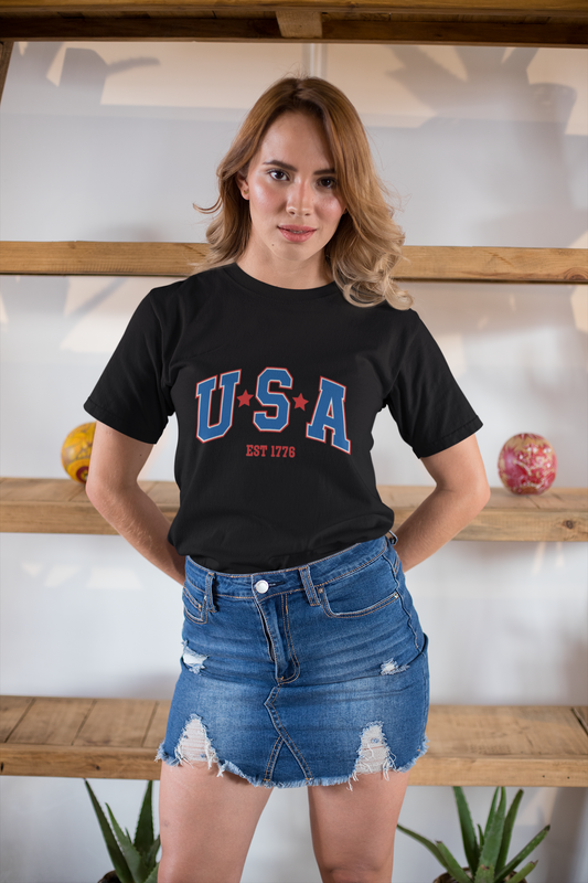 Дамска тениска USA — черна, 100% памук | SatModa
