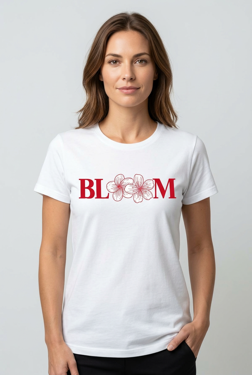 Дамска тениска Bloom в бяло с червен надпис и бели цветя на модел | SatModa