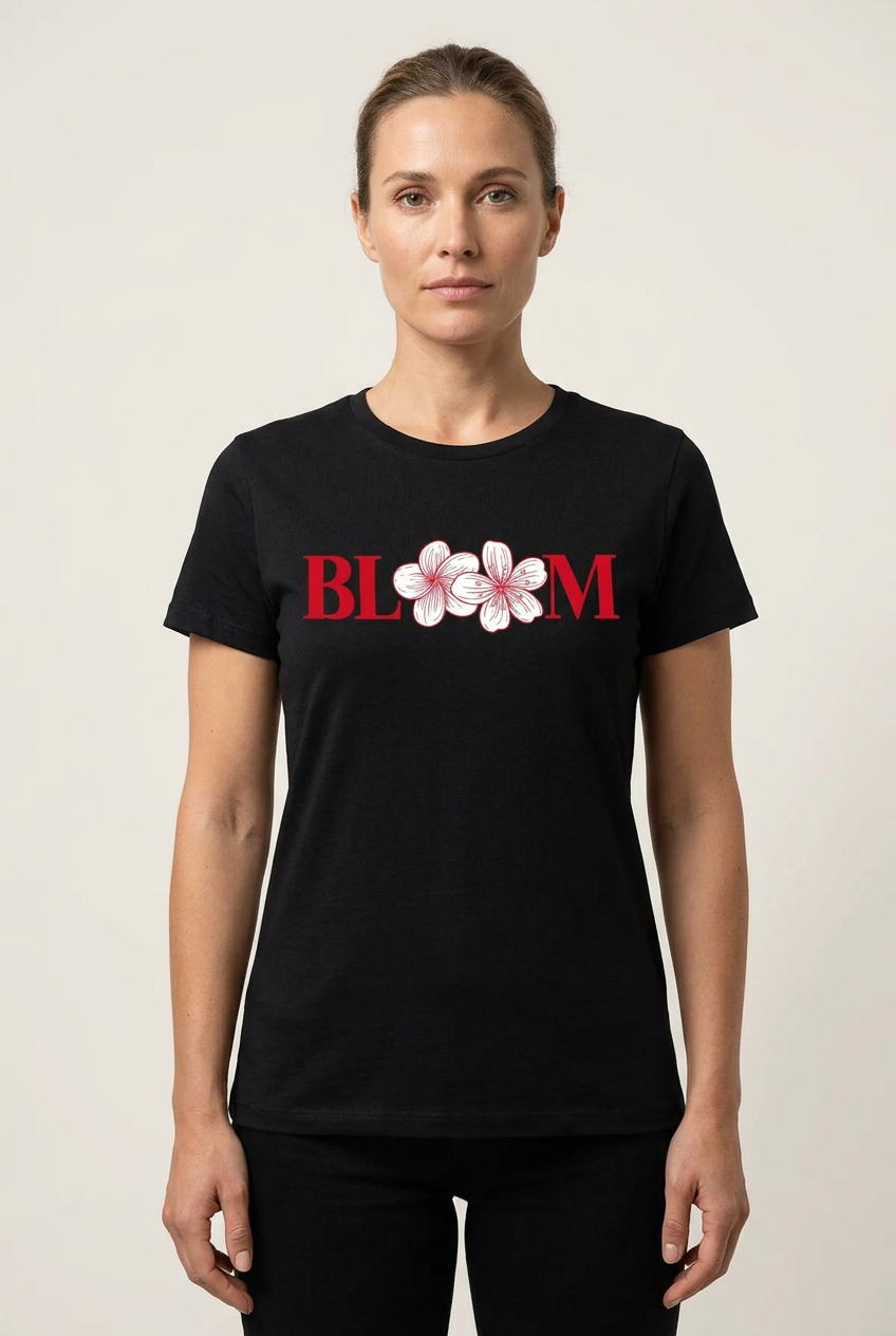 Дамска тениска Bloom в черно с червен надпис и бели цветя на модел | SatModa