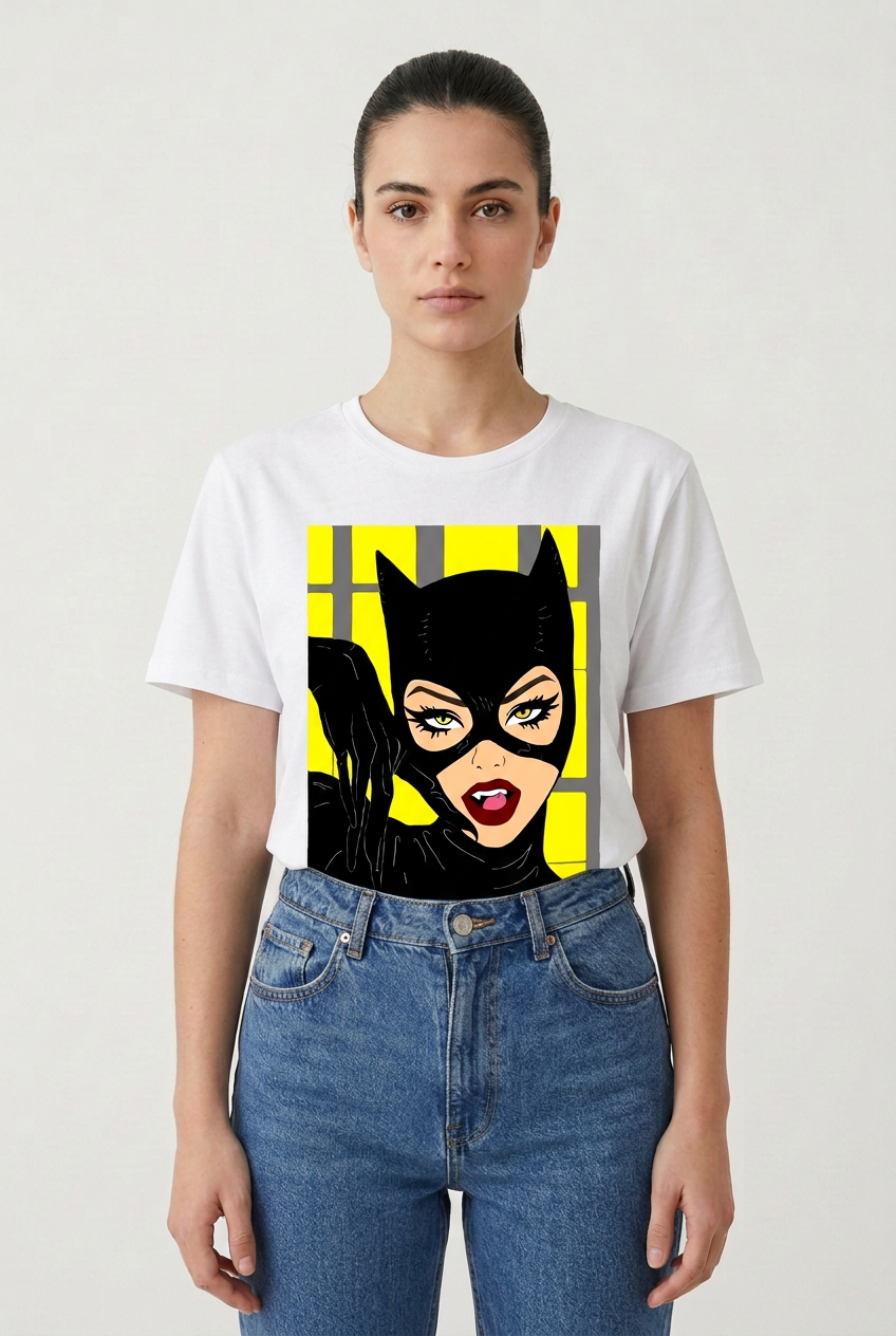 Дамска бяла тениска Catwoman с комиксова щампа, прибрана в дънки, показана на модел | SatModa