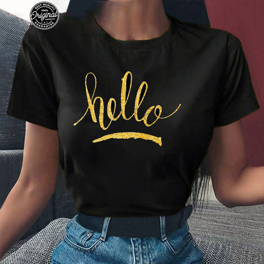 Дамска тениска Hello черна — свободна кройка | SatModa