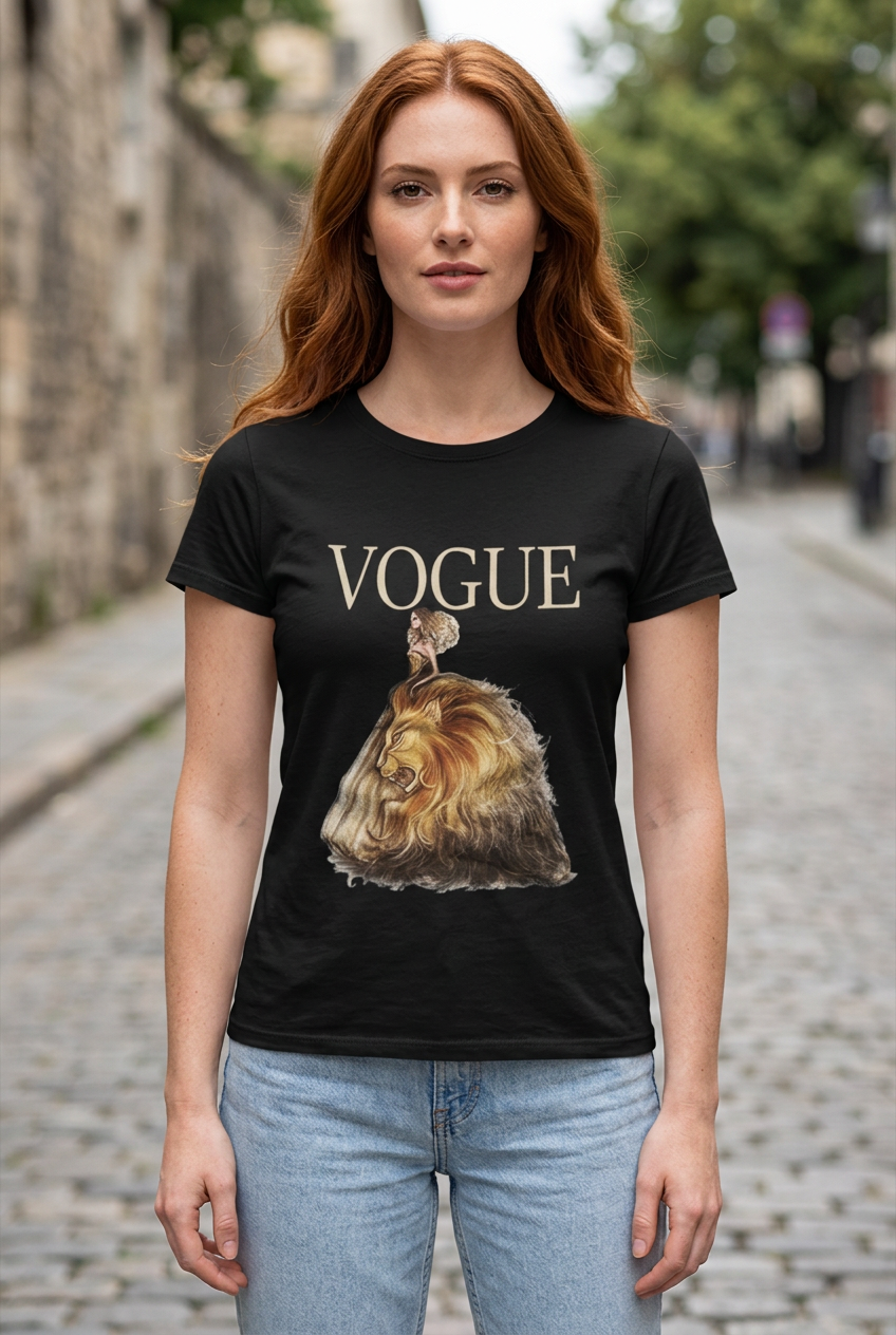 Дамска тениска Lion Vogue в черно с надпис VOGUE и принт на лъв, показана на модел | SatModa