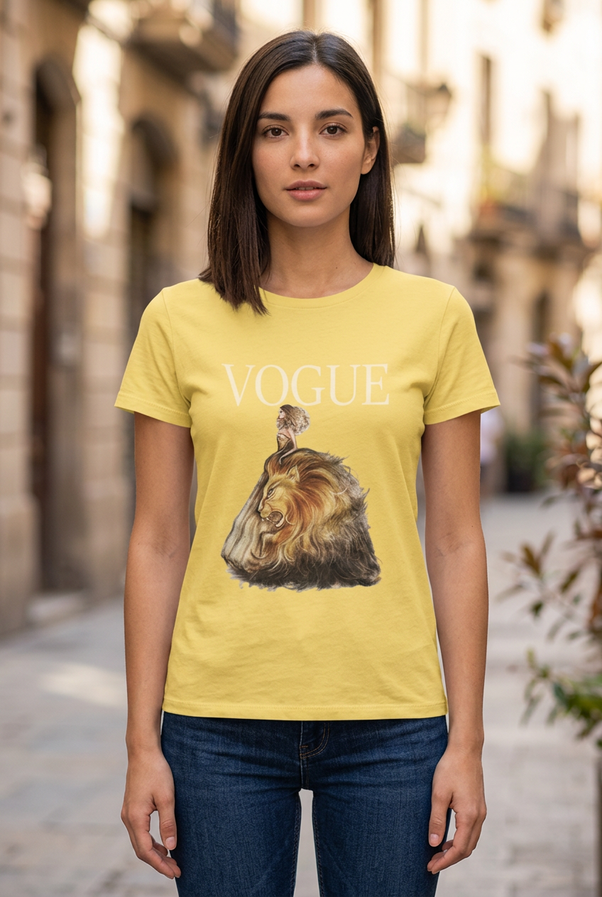 Дамска тениска Lion Vogue в жълто с надпис VOGUE и принт на лъв, показана на модел | SatModa