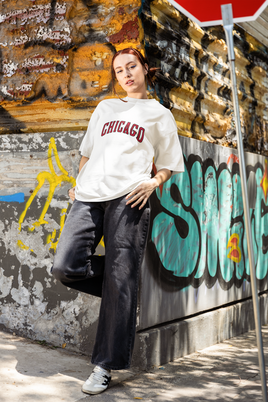 Дамска тениска Oversize Chicago бяла — 100% памук, размери XS-XXL | SatModa