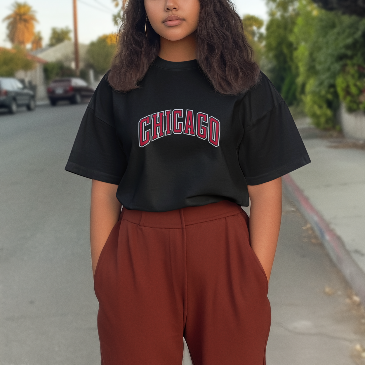 Дамска тениска Oversize Chicago черна — 100% памук, размери XS-XXL | SatModa