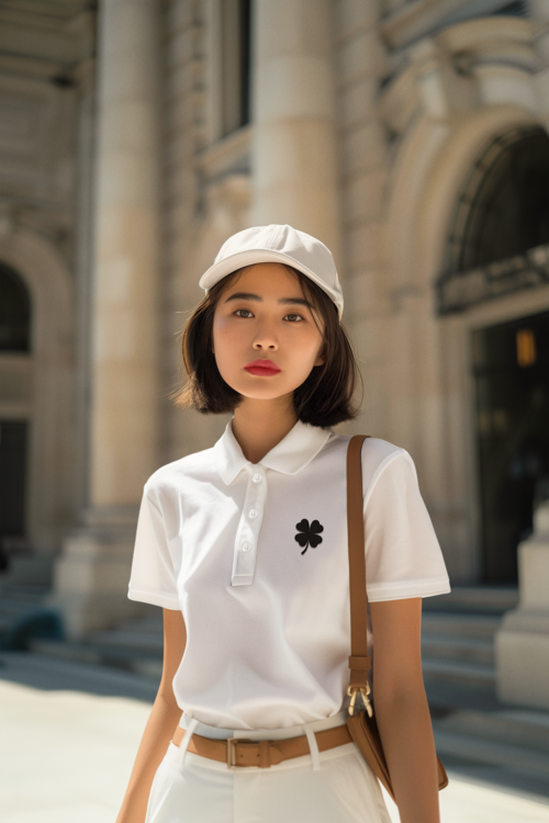 Дамска тениска с яка Clover бяла — 100% памук, размери XS-XXL | SatModa