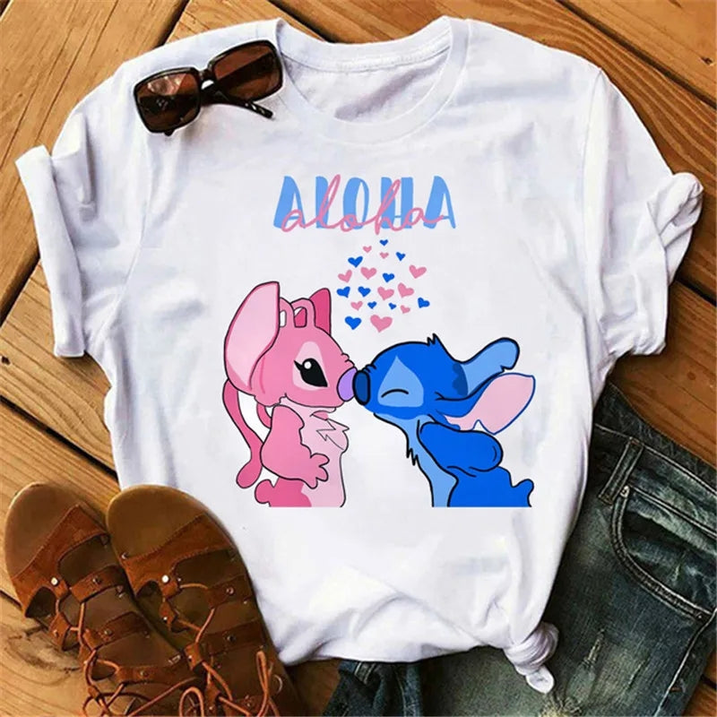 Дамска тениска Stitch Aloha бяла — свободна кройка | SatModa