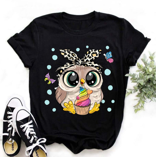 Дамска тениска Sweet Owl черна — свободна кройка | SatModa