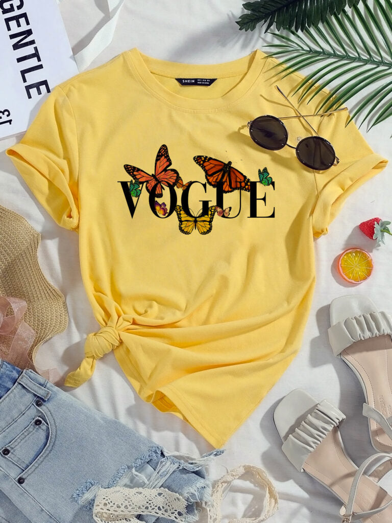 Дамска тениска Vogue butterflies жълта — свободна кройка | SatModa