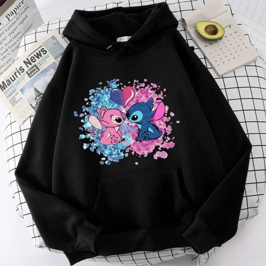 Дамски суичър Stitch Big Love — черно, 100% памук, качулка | SatModa
