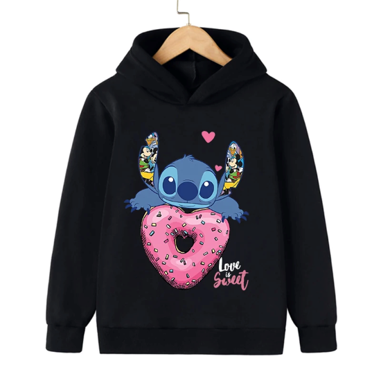 Дамски суичър Stitch Love is Sweet — черно, 100% памук, качулка | SatModa
