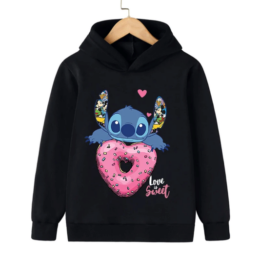 Дамски суичър Stitch Love is Sweet — черно, 100% памук, качулка | SatModa
