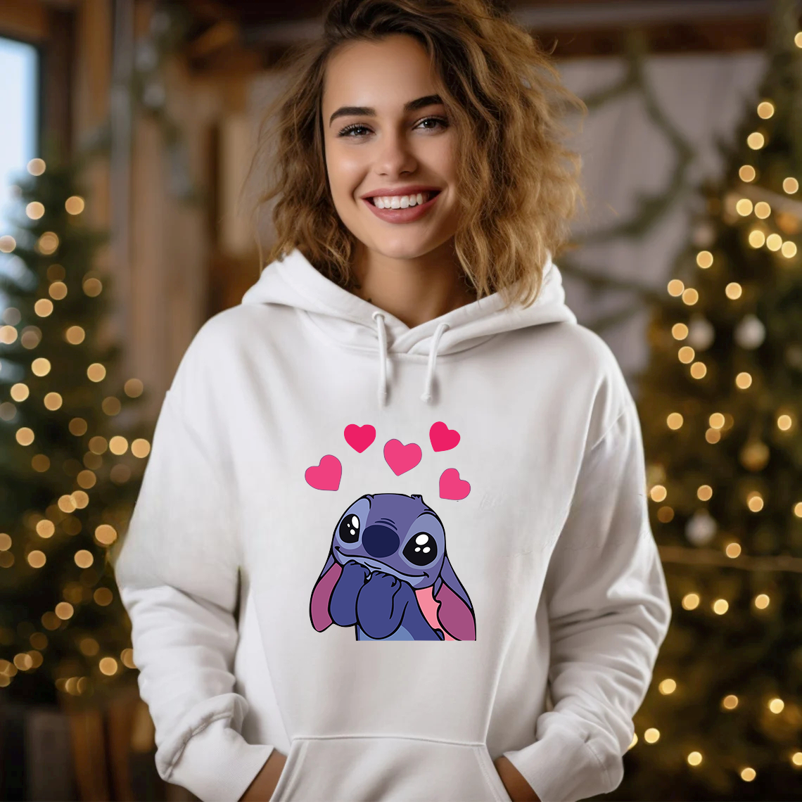 Дамски суичър Stitch Love You — бяло, 100% памук, качулка | SatModa
