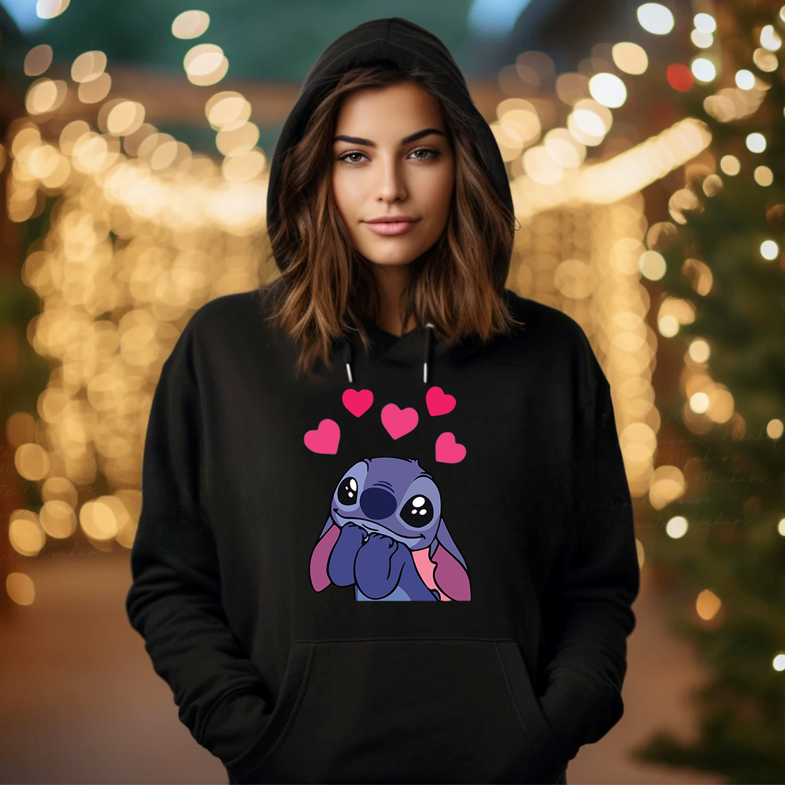Дамски суичър Stitch Love You — черно, 100% памук, качулка | SatModa
