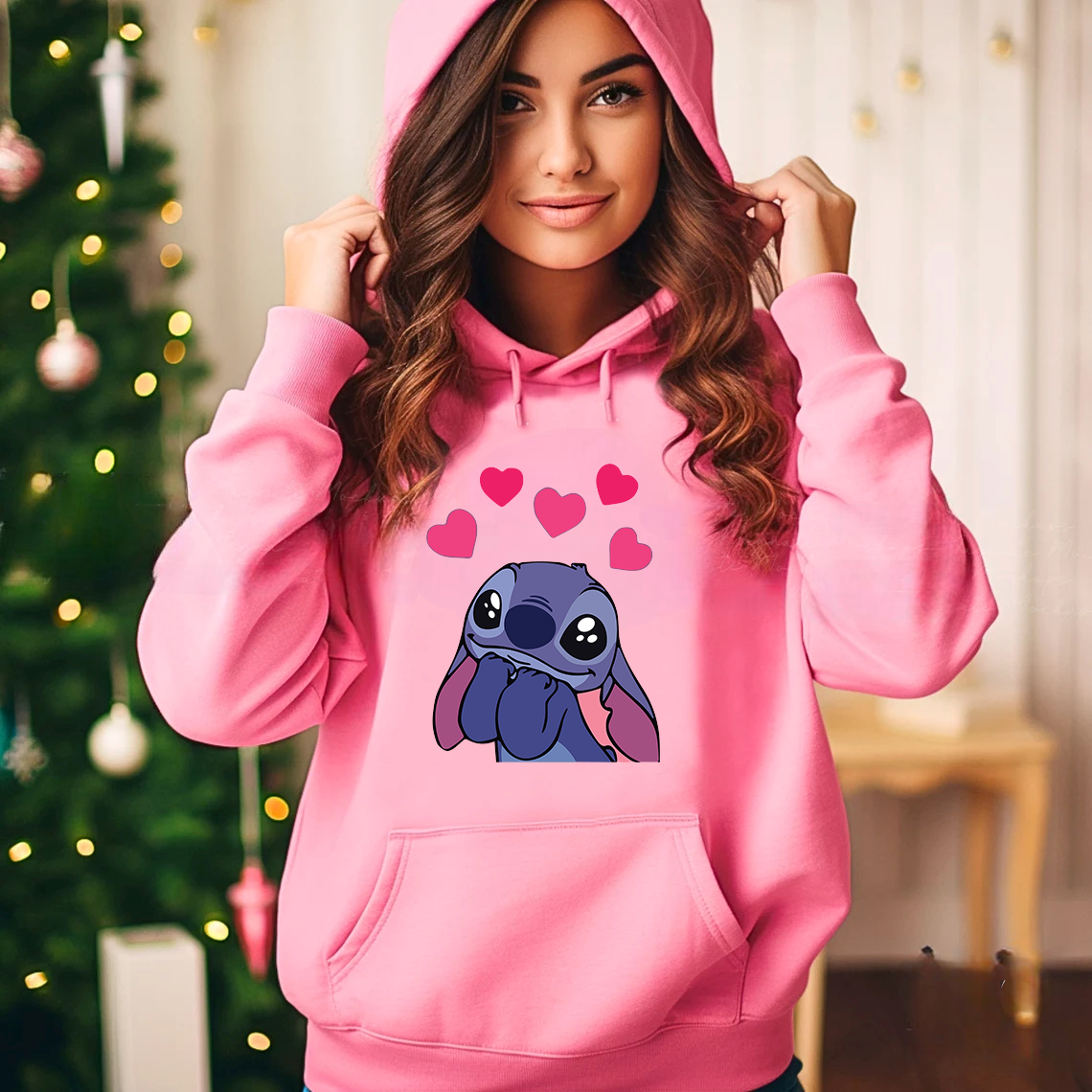 Дамски суичър Stitch Love You — розово, 100% памук, качулка | SatModa
