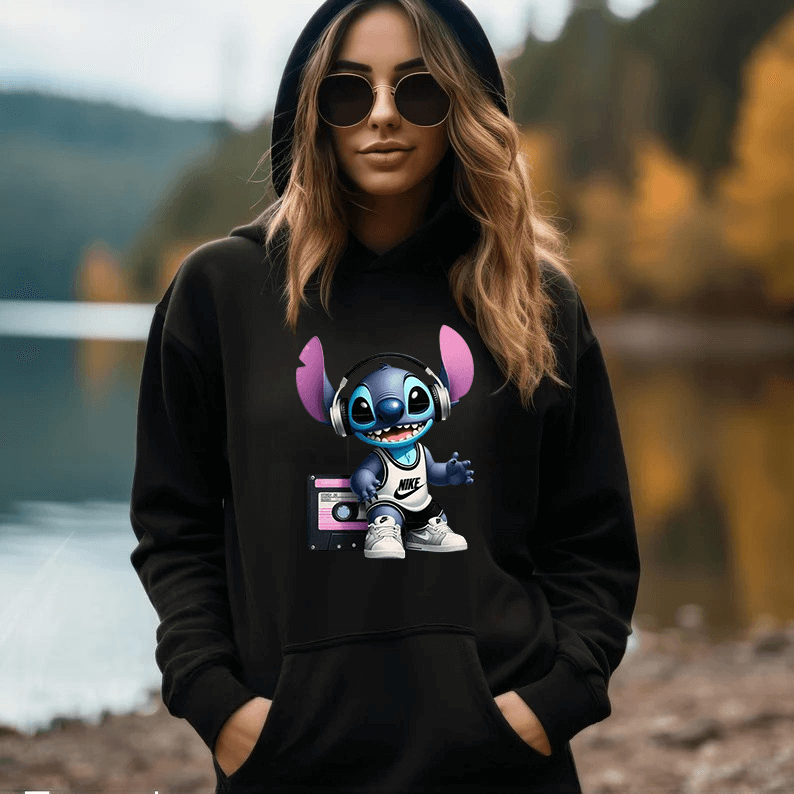 Дамски суичър Stitch Music — черно, 100% памук, качулка | SatModa
