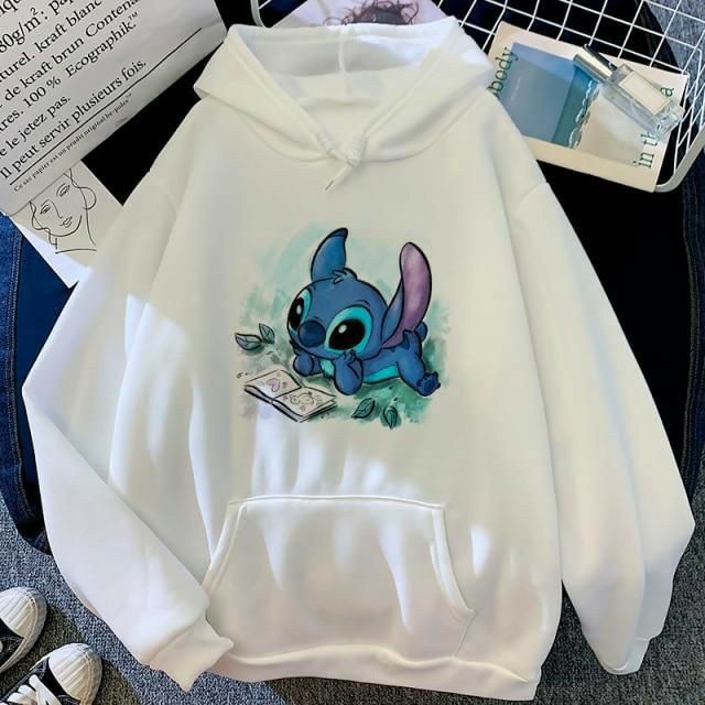 Дамски суичър Stitch Reads — бяло, 100% памук, качулка | SatModa

