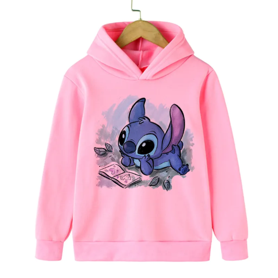 Дамски суичър Stitch Reads — розово, 100% памук, качулка | SatModa
