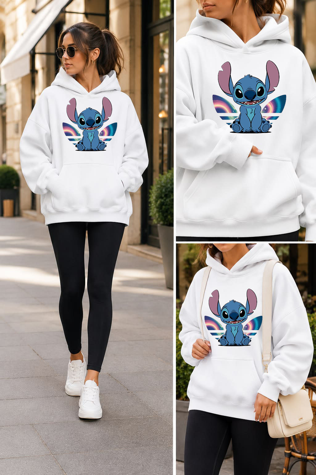 Дамски суичър Adi Stitch в бяло с принт Стич и многоцветен мотив, колаж на модел | SatModa