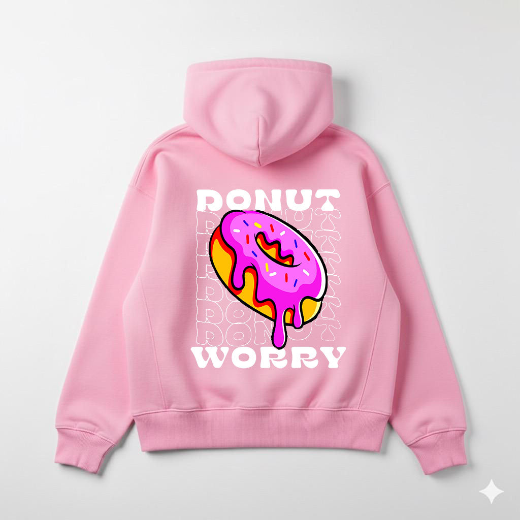 Дамски суичър Donut в розово с поничка с розова глазура и надпис DONUT WORRY на гърба | SatModa ⠋