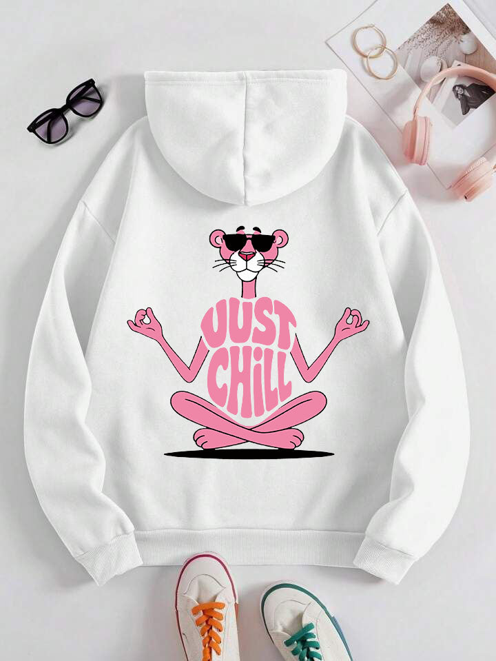Дамски суичър Just Chill в бяло с Розовата пантера и надпис JUST CHILL на гърба | SatModa