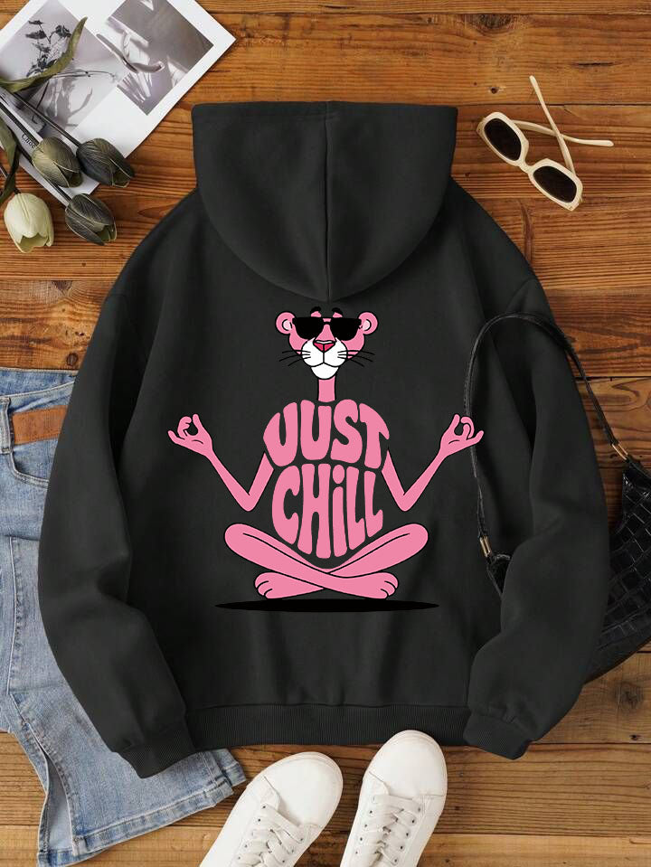 Дамски суичър Just Chill в черно с Розовата пантера и надпис JUST CHILL на гърба | SatModa 