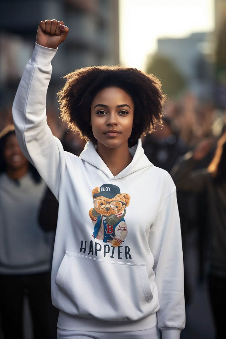 Дамски суичър Happier бял — 100% памук, размери S–L | SatModa
