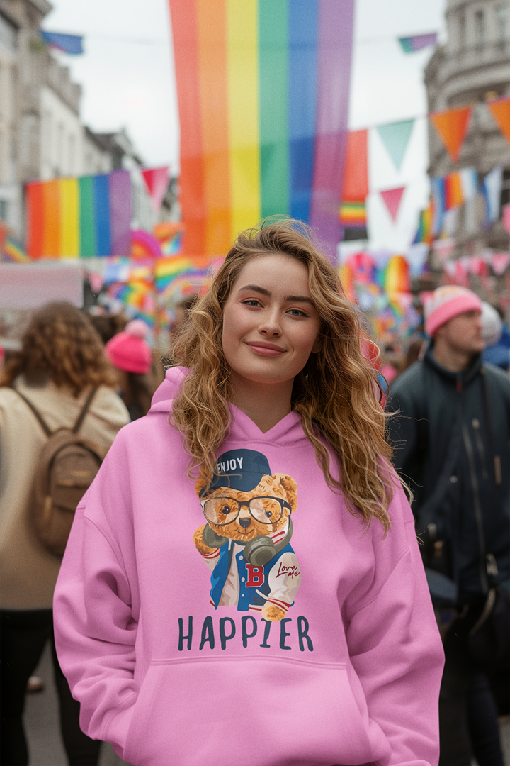 Дамски суичър Happier розов — 100% памук, размери S–L | SatModa