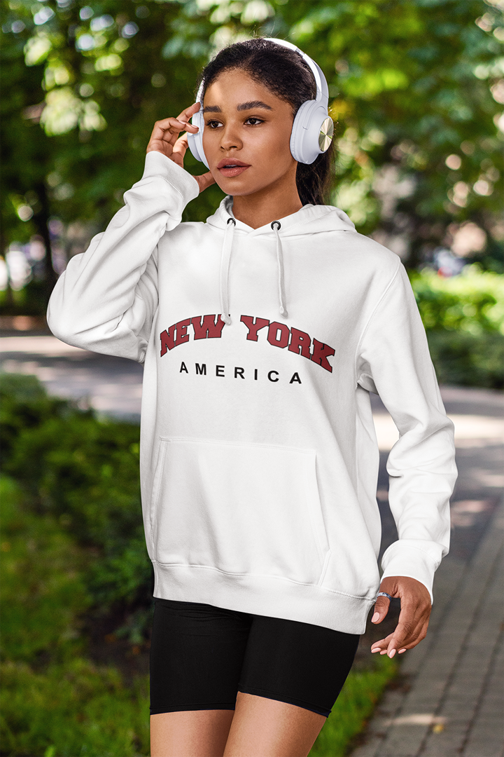 Дамски суичър New York America бял — 100% памук, размери S–L | SatModa