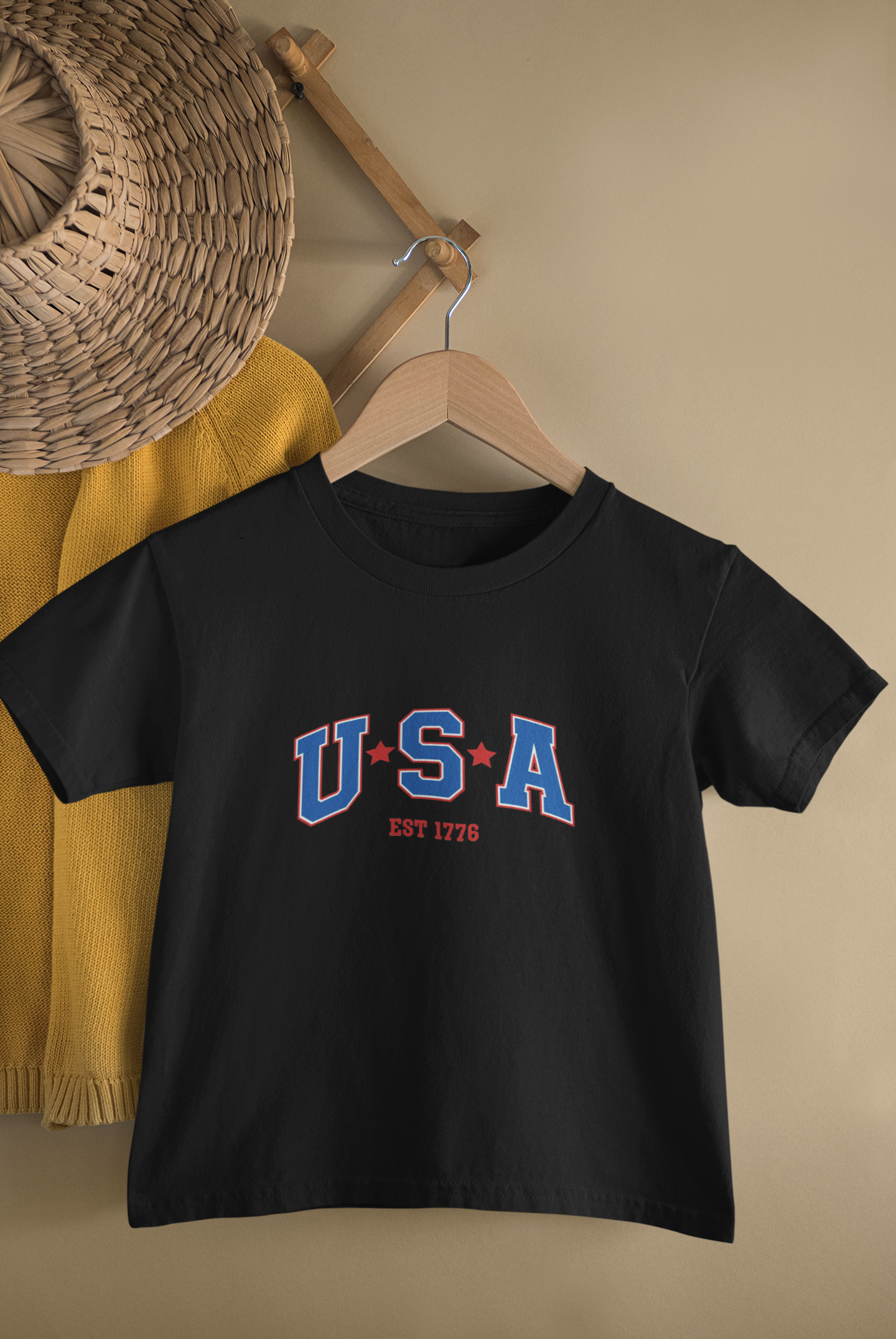 Детска тениска USA — черна, 100% памук | SatModa
