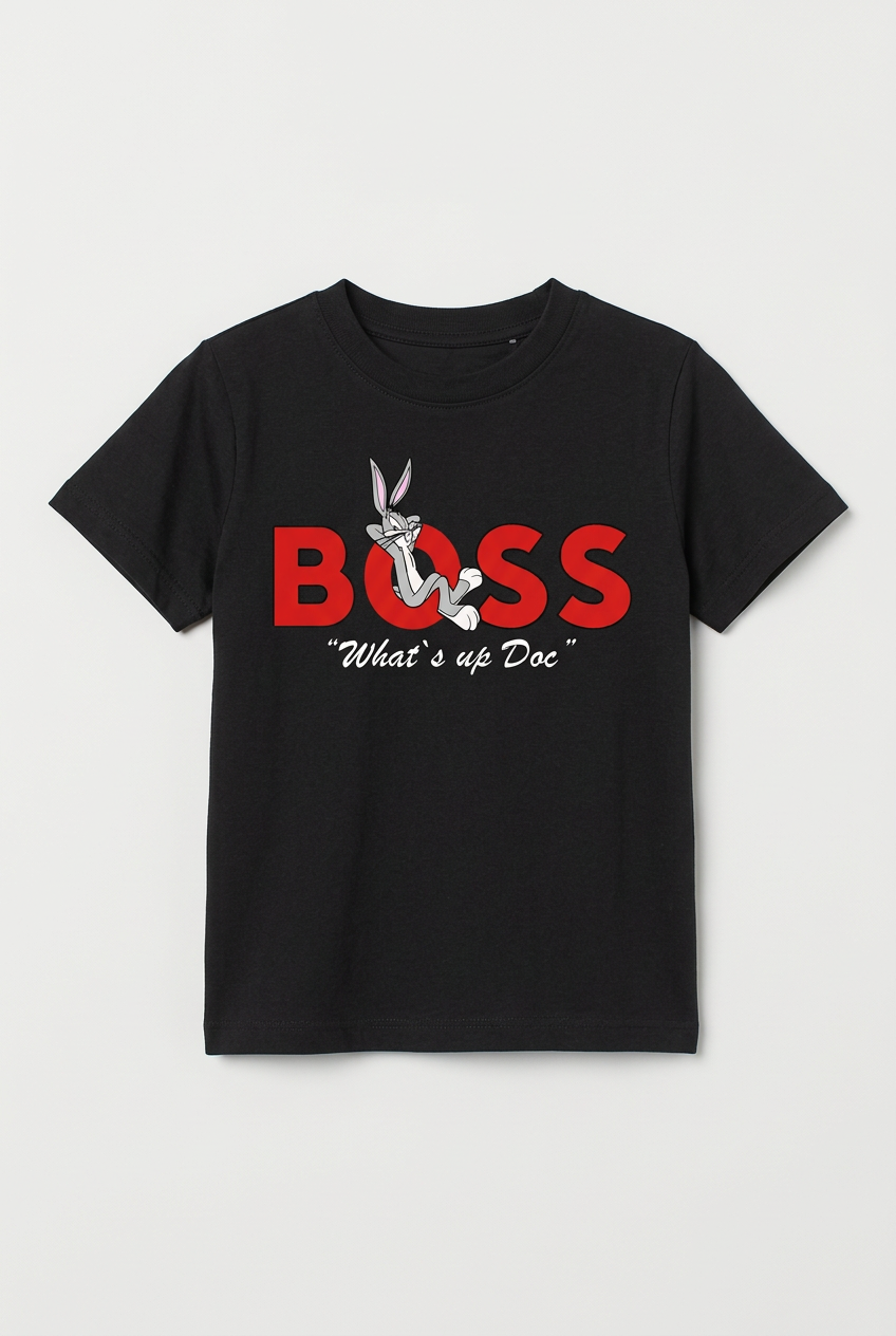 Черна детска тениска с червен надпис BOSS, Бъгс Бъни и малък бял надпис отпред | SatModa 