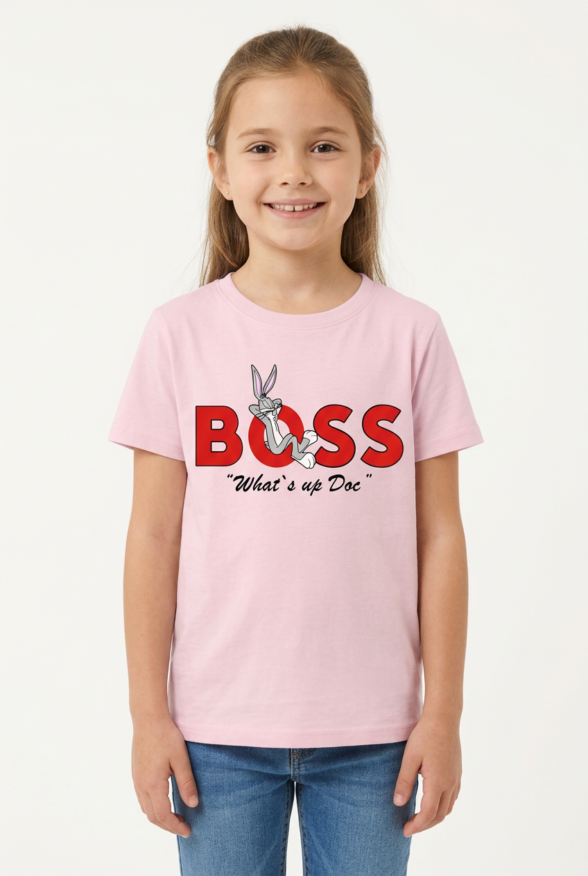 Светлорозова детска тениска с червен надпис BOSS и Бъгс Бъни отпред, показана на момиченце | SatModa ⠋