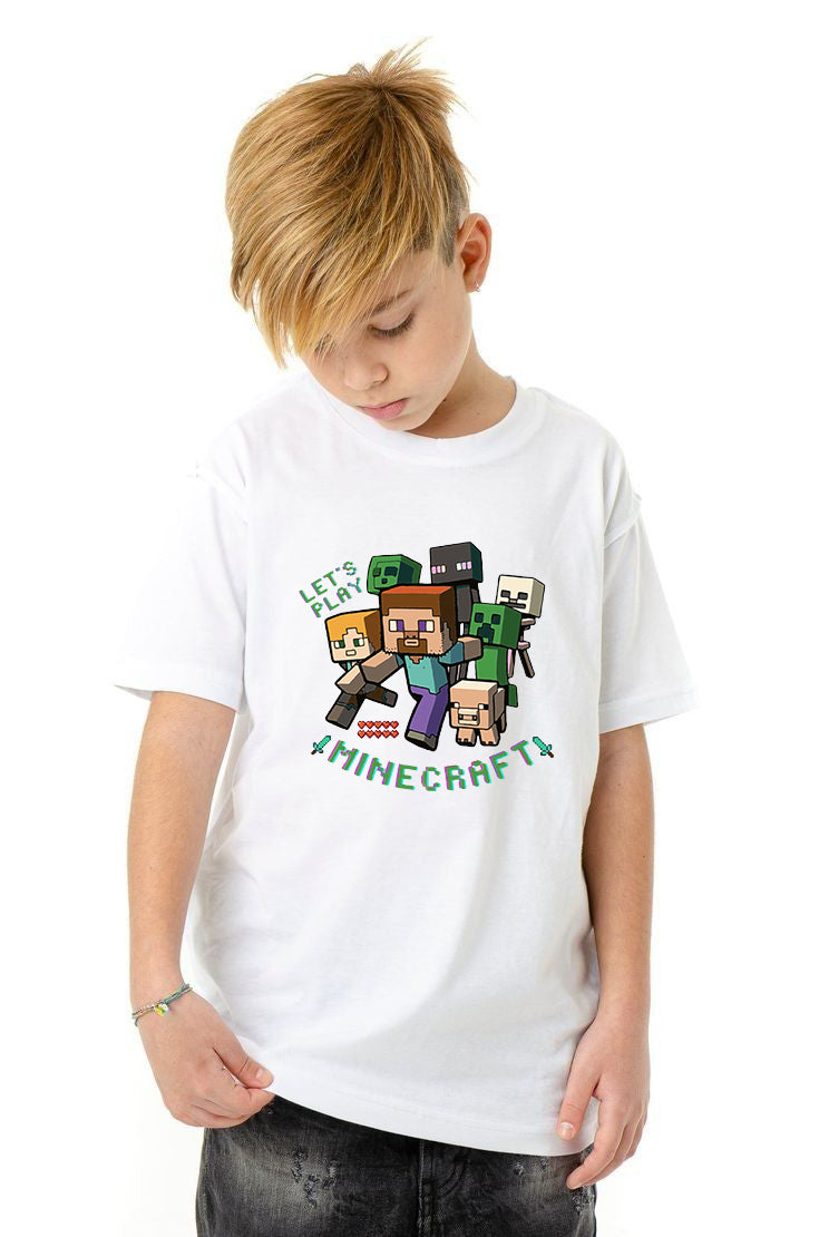 Детска тениска Minecraft play бяла — свободна кройка | SatModa